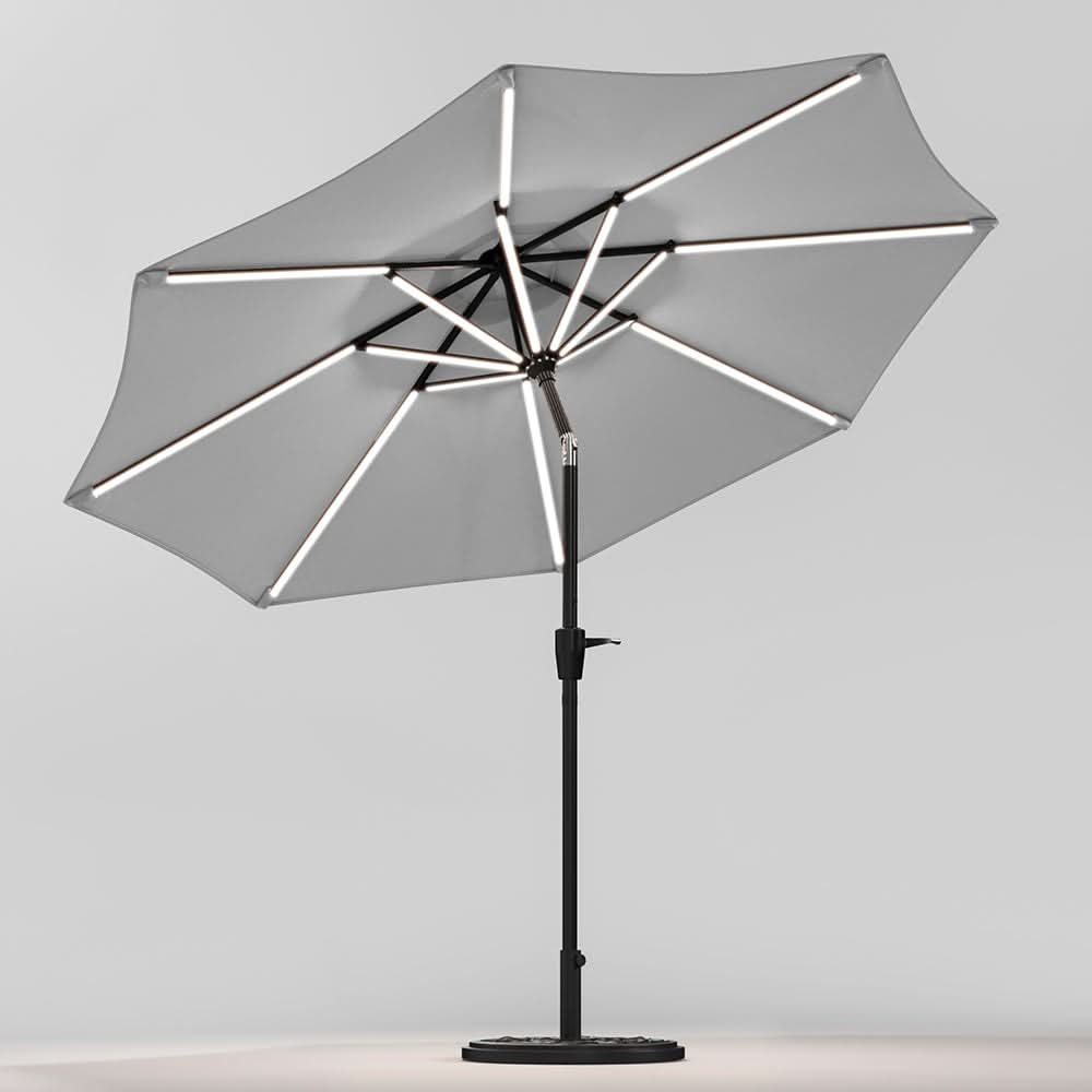 3M Sunbrella Umbrella Light Grey Lighted Market with Solar Strip LED Lights