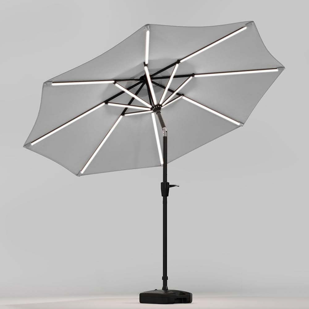 3M Sunbrella Umbrella Light Grey Lighted Market with Solar Strip LED Lights