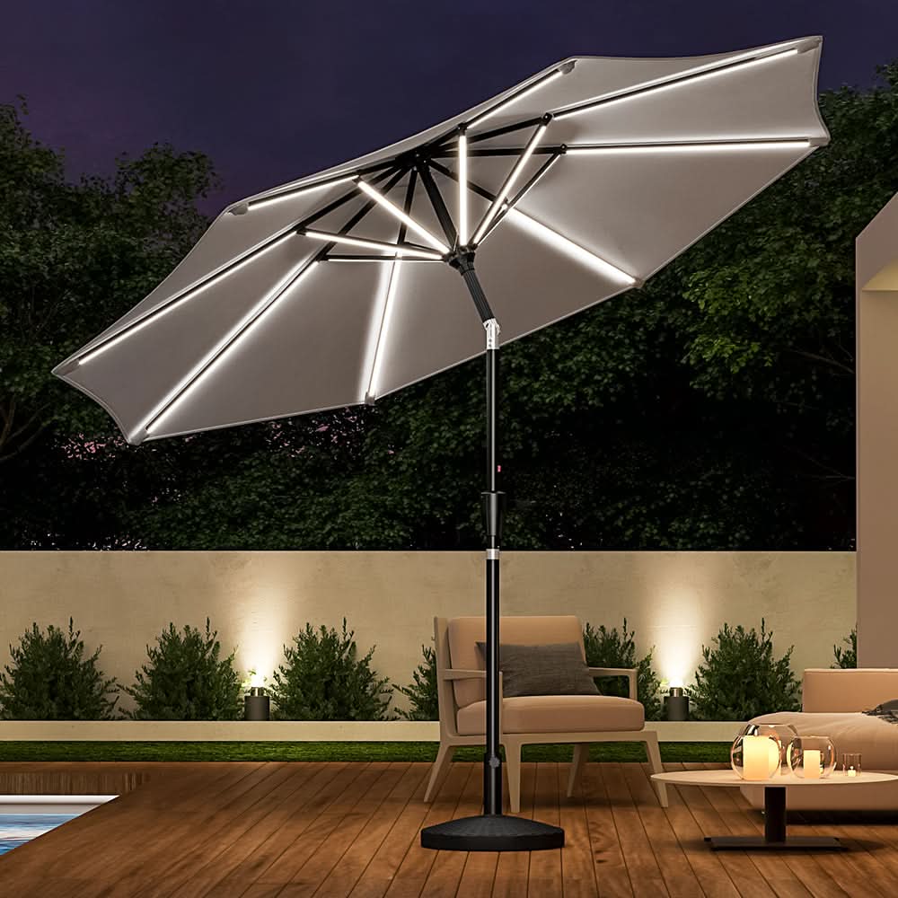 3M Sunbrella Umbrella Light Grey Lighted Market with Solar Strip LED Lights