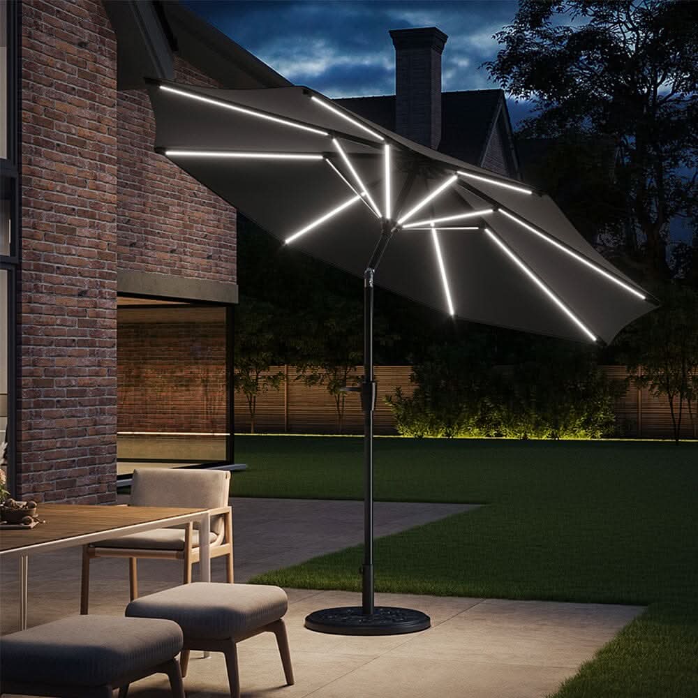 3M Sunbrella Umbrella Dark Grey Lighted Market with Solar Strip LED Lights