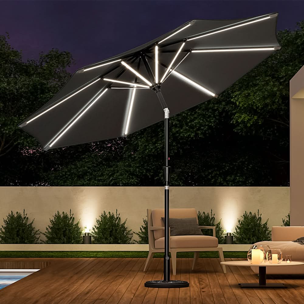 3M Sunbrella Umbrella Dark Grey Lighted Market with Solar Strip LED Lights