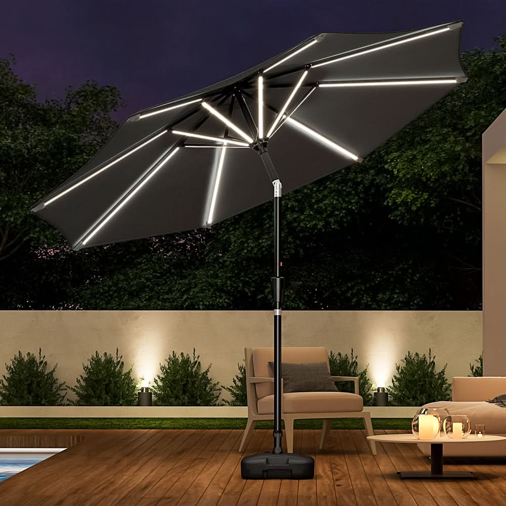 3M Sunbrella Umbrella Dark Grey Lighted Market with Solar Strip LED Lights