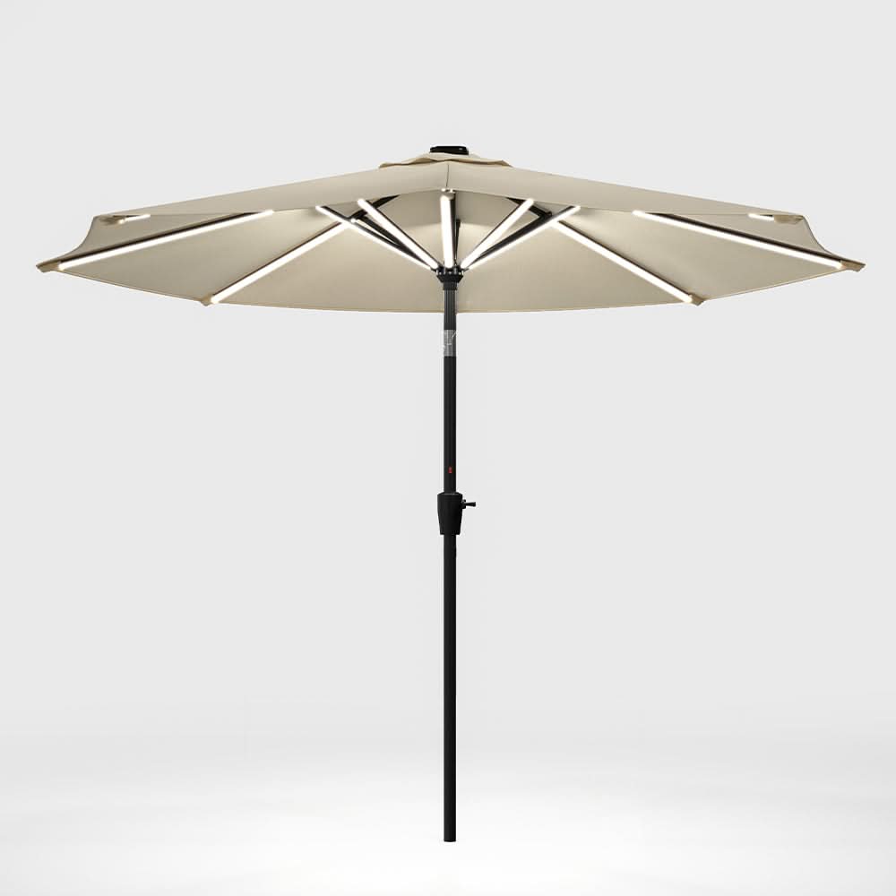 3M Sunbrella Umbrella Beige Lighted Market with Solar Strip LED Lights