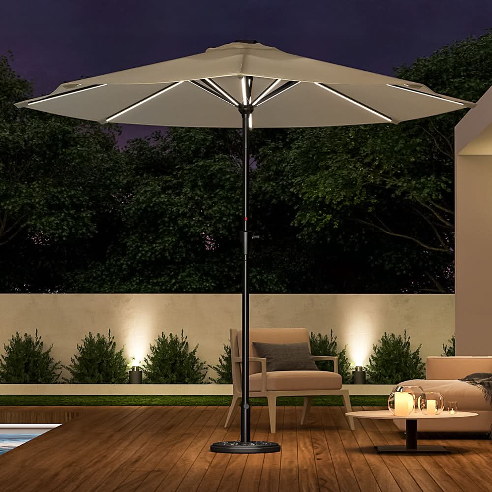 3M Sunbrella Umbrella Beige Lighted Market with Solar Strip LED Lights