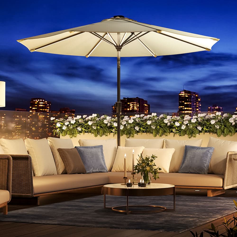 3M Sunbrella Umbrella Beige Lighted Market with Solar Strip LED Lights