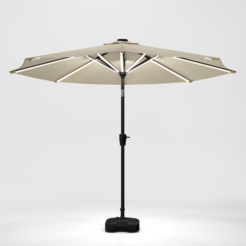 3M Sunbrella Umbrella Beige Lighted Market with Solar Strip LED Lights