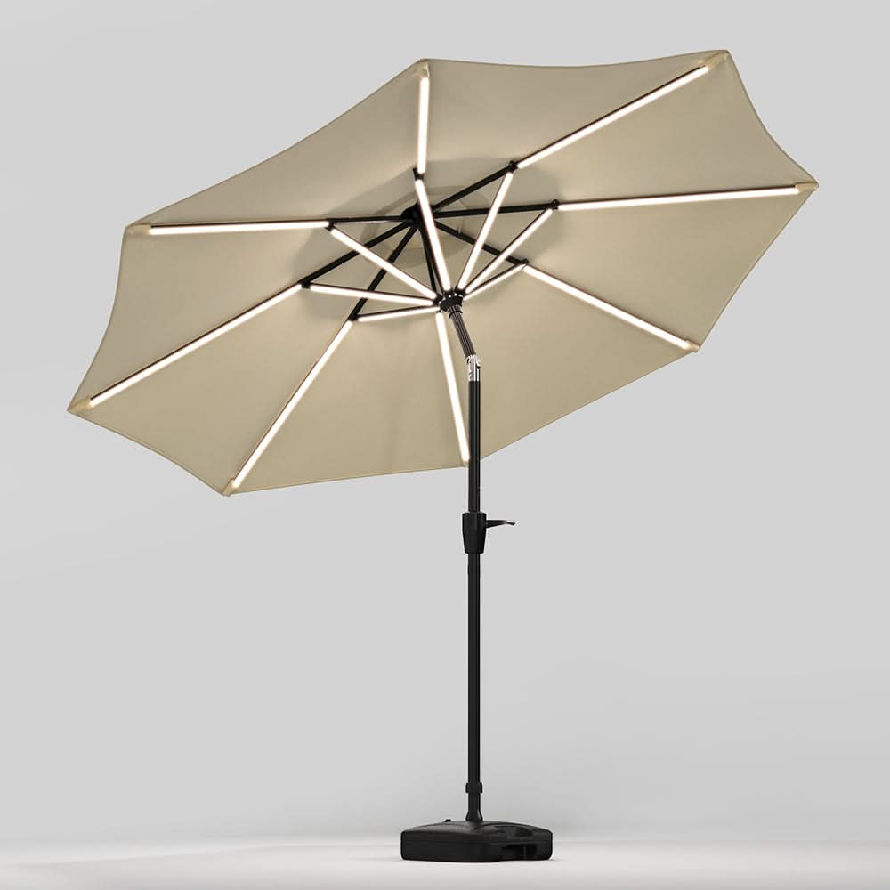 3M Sunbrella Umbrella Beige Lighted Market with Solar Strip LED Lights