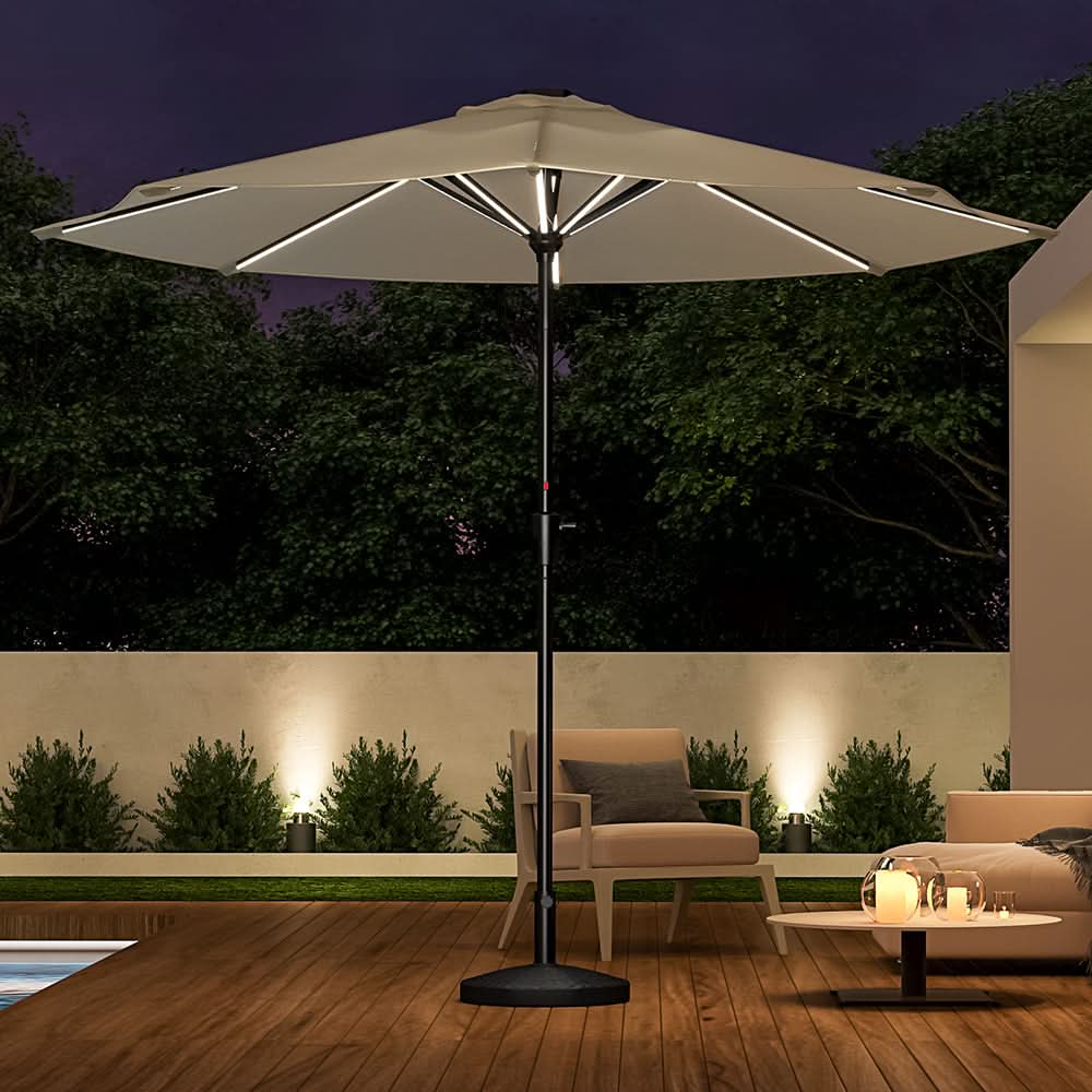 3M Sunbrella Umbrella Beige Lighted Market with Solar Strip LED Lights
