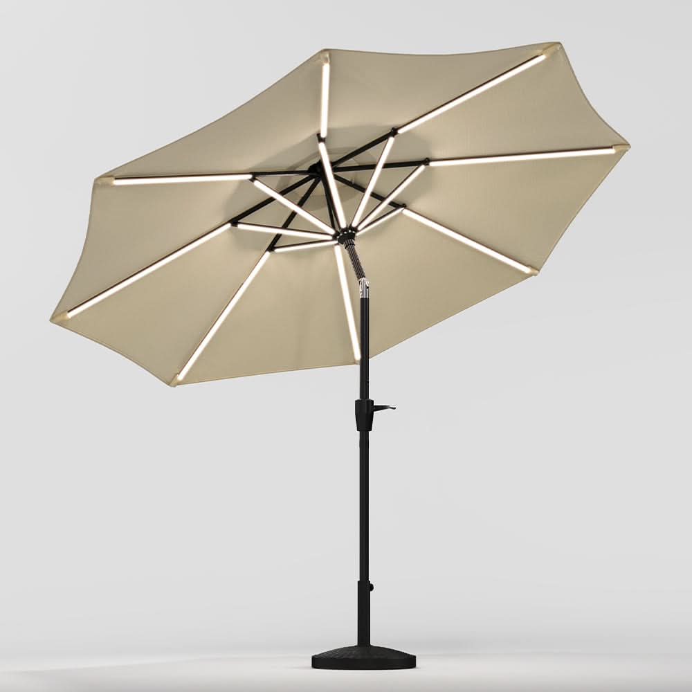 3M Sunbrella Umbrella Beige Lighted Market with Solar Strip LED Lights