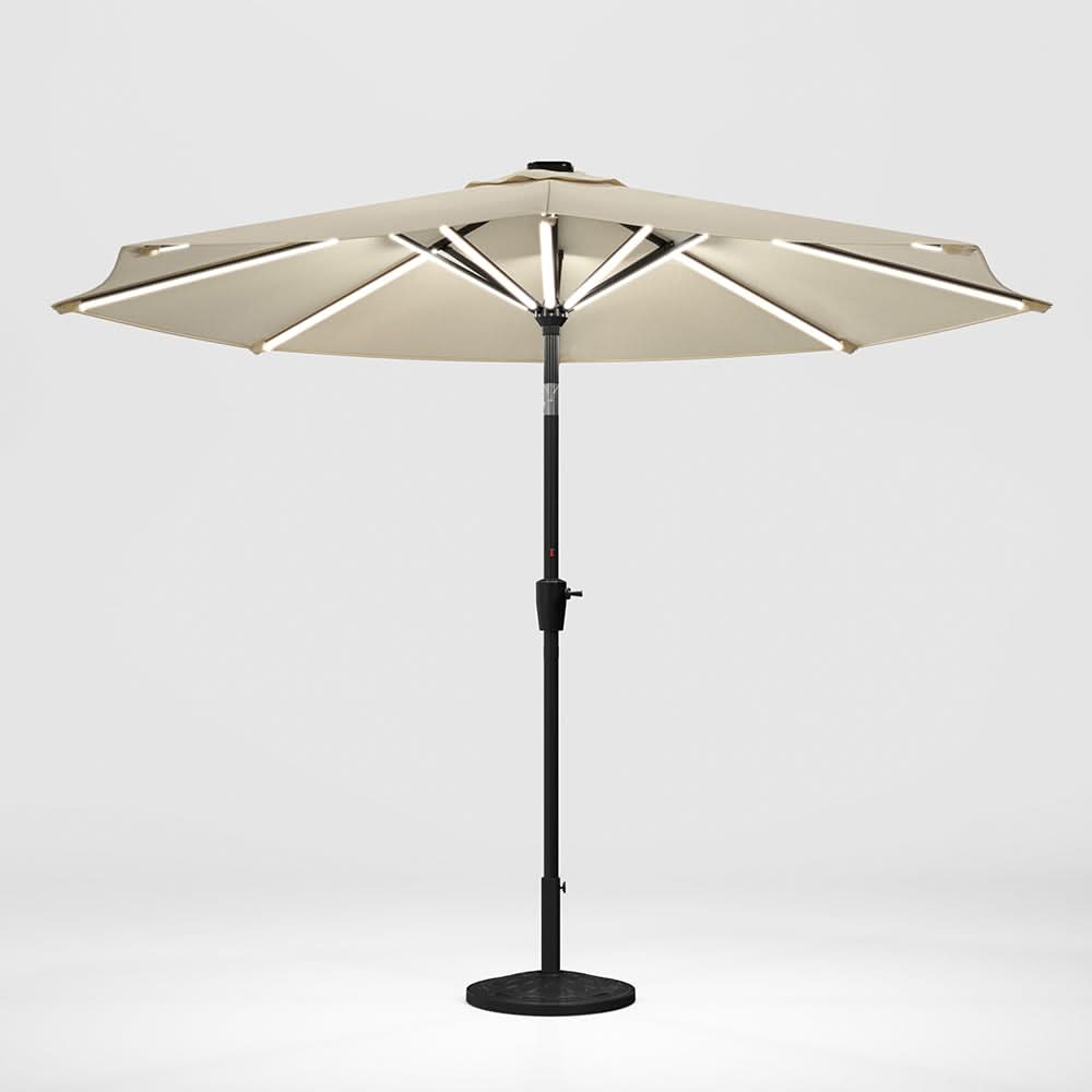 3M Sunbrella Umbrella Beige Lighted Market with Solar Strip LED Lights