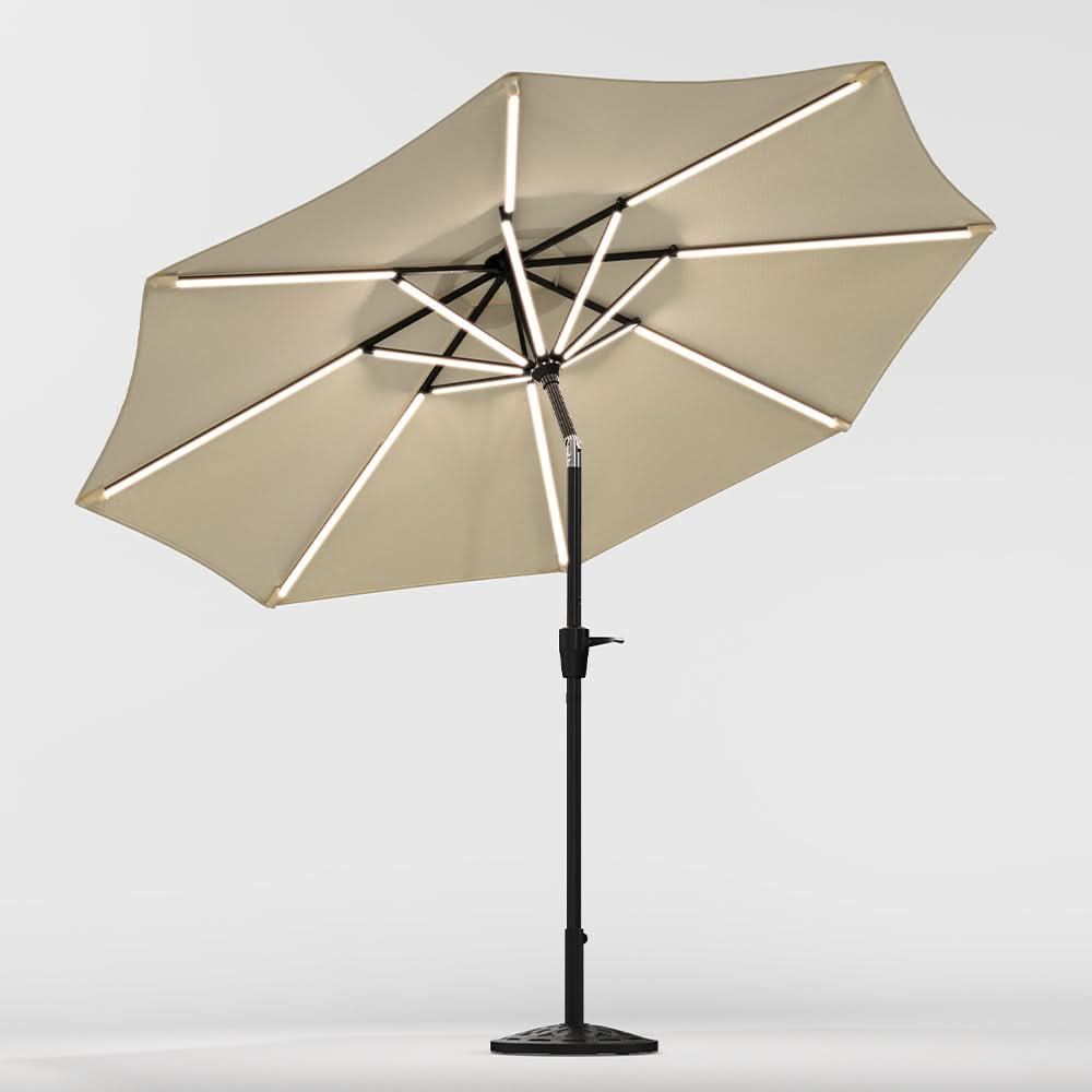 3M Sunbrella Umbrella Beige Lighted Market with Solar Strip LED Lights