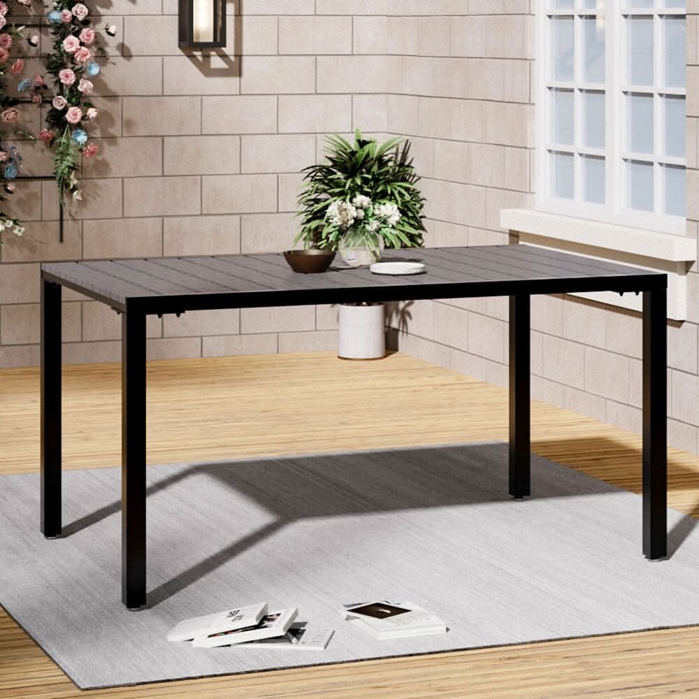 150cm Wood Effect Garden Dining Table with Parasol Hole in Grey
