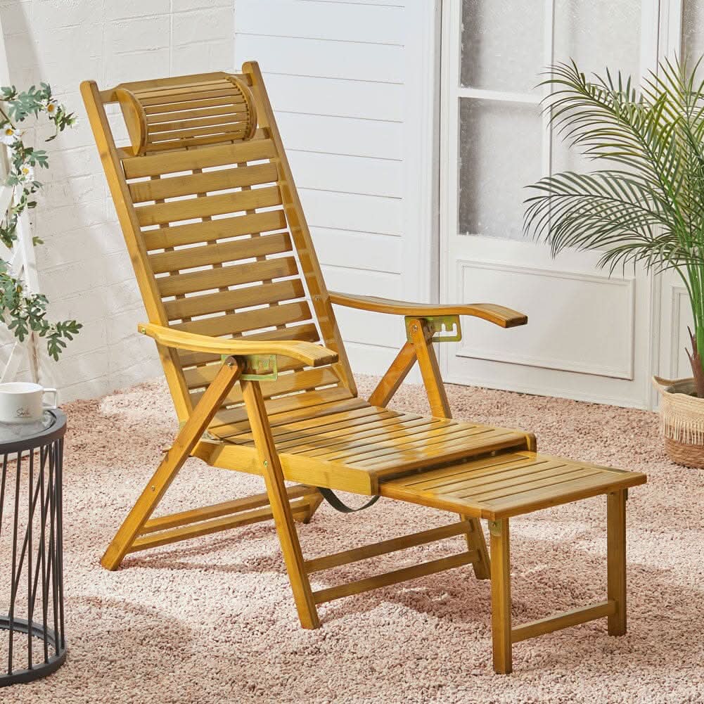 Foldable Bamboo Recliner Lounge Chair with Retractable Footrest