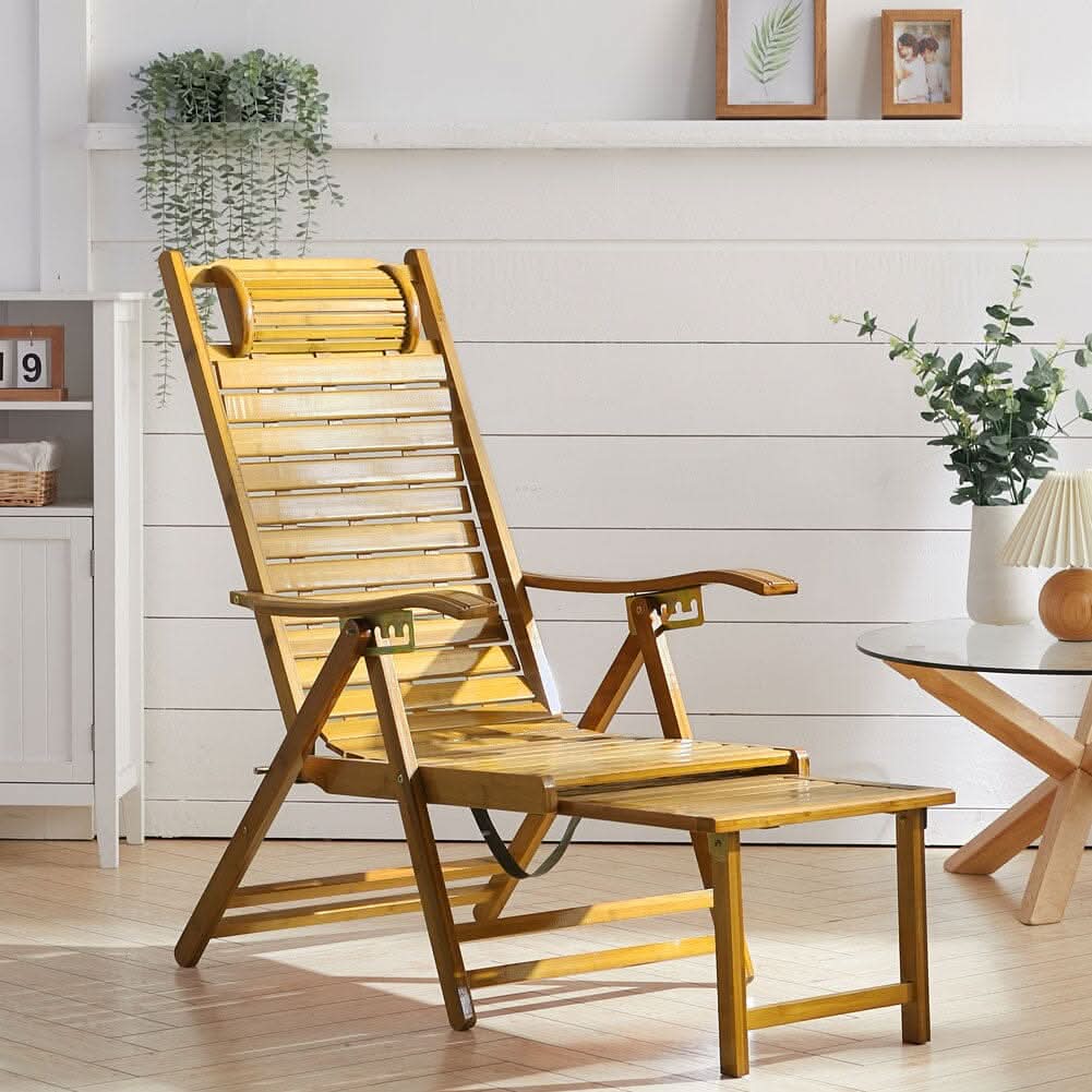 Foldable Bamboo Recliner Lounge Chair with Retractable Footrest