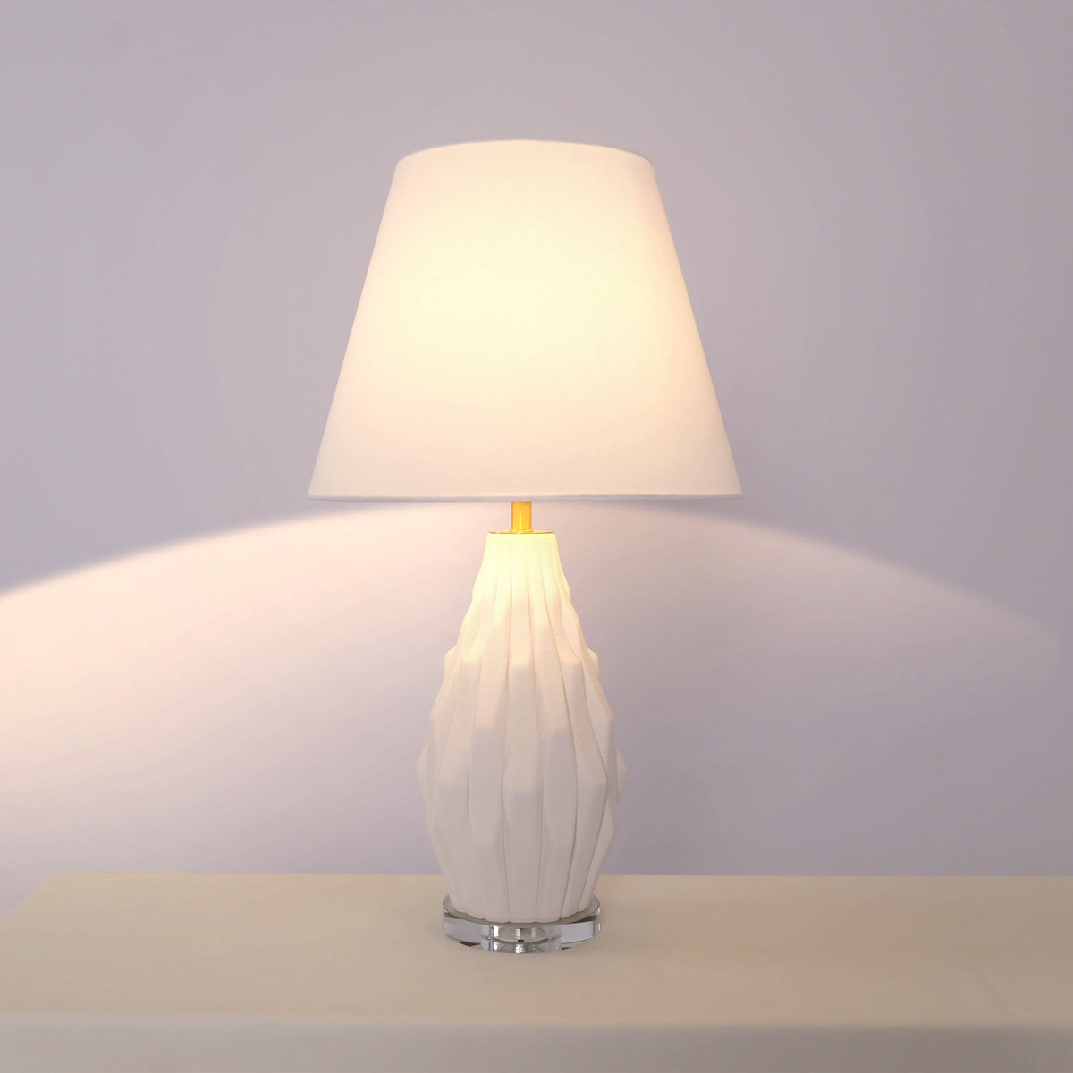 Lightsin 3D Pure White Polygonal Textured Ceramic Table Lamp with Fabric Shade
