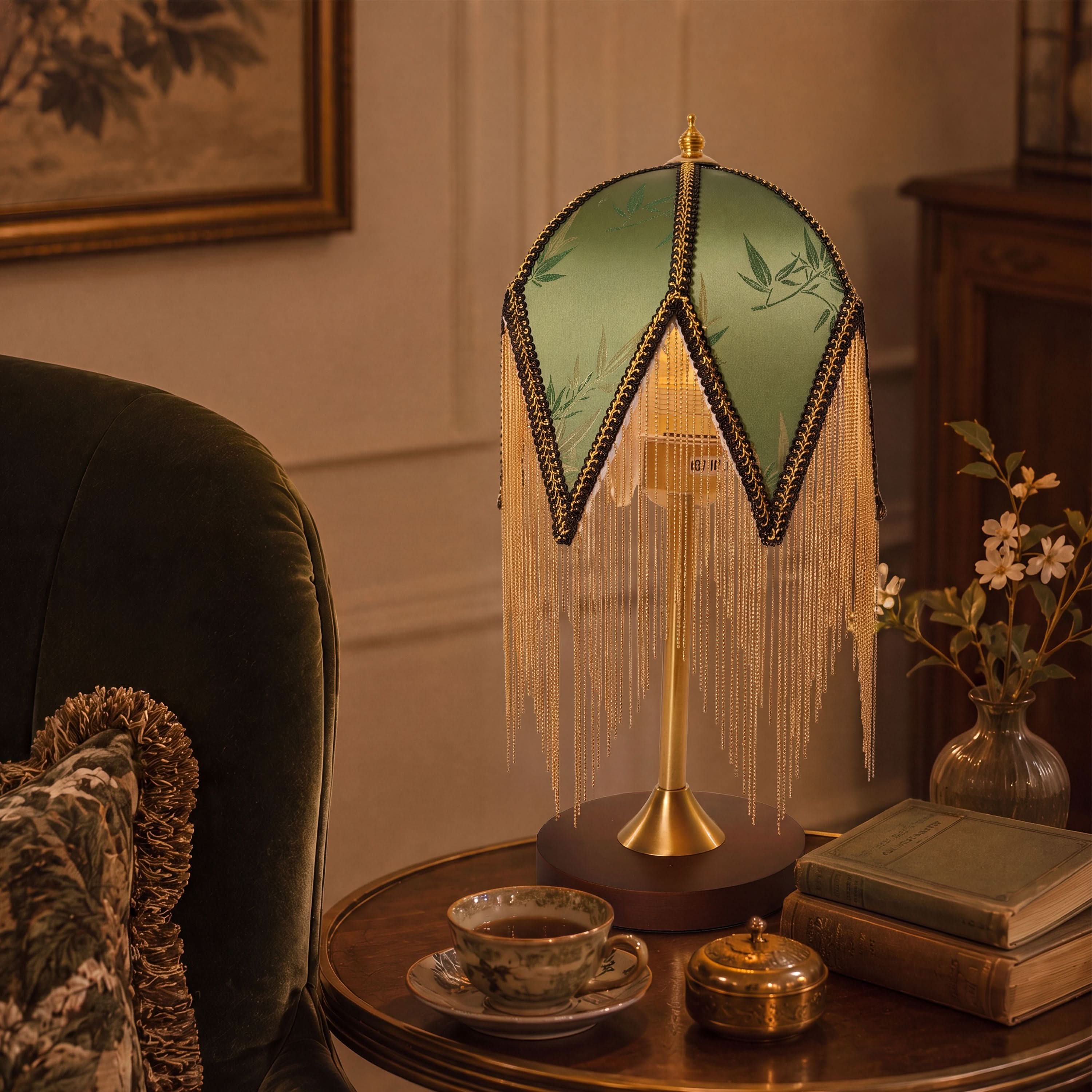 Mid-Century Vintage Tassel Table Lamp | Antique Brass & Fabric Bedside Lamp