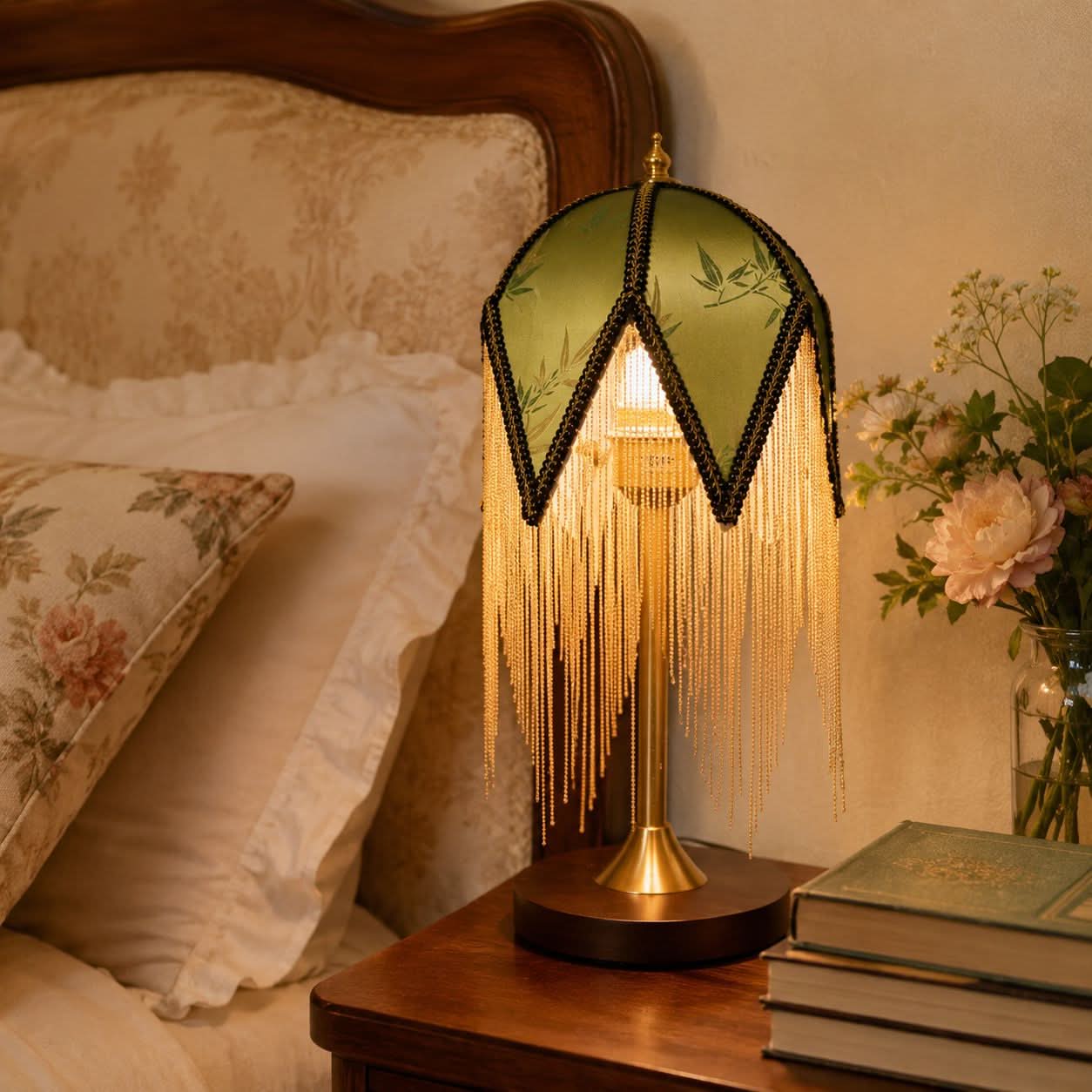 Mid-Century Vintage Tassel Table Lamp | Antique Brass & Fabric Bedside Lamp