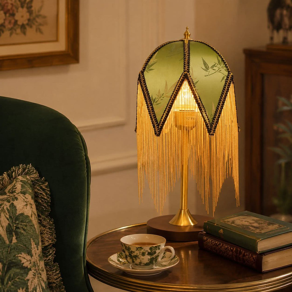 Mid-Century Vintage Tassel Table Lamp | Antique Brass & Fabric Bedside Lamp
