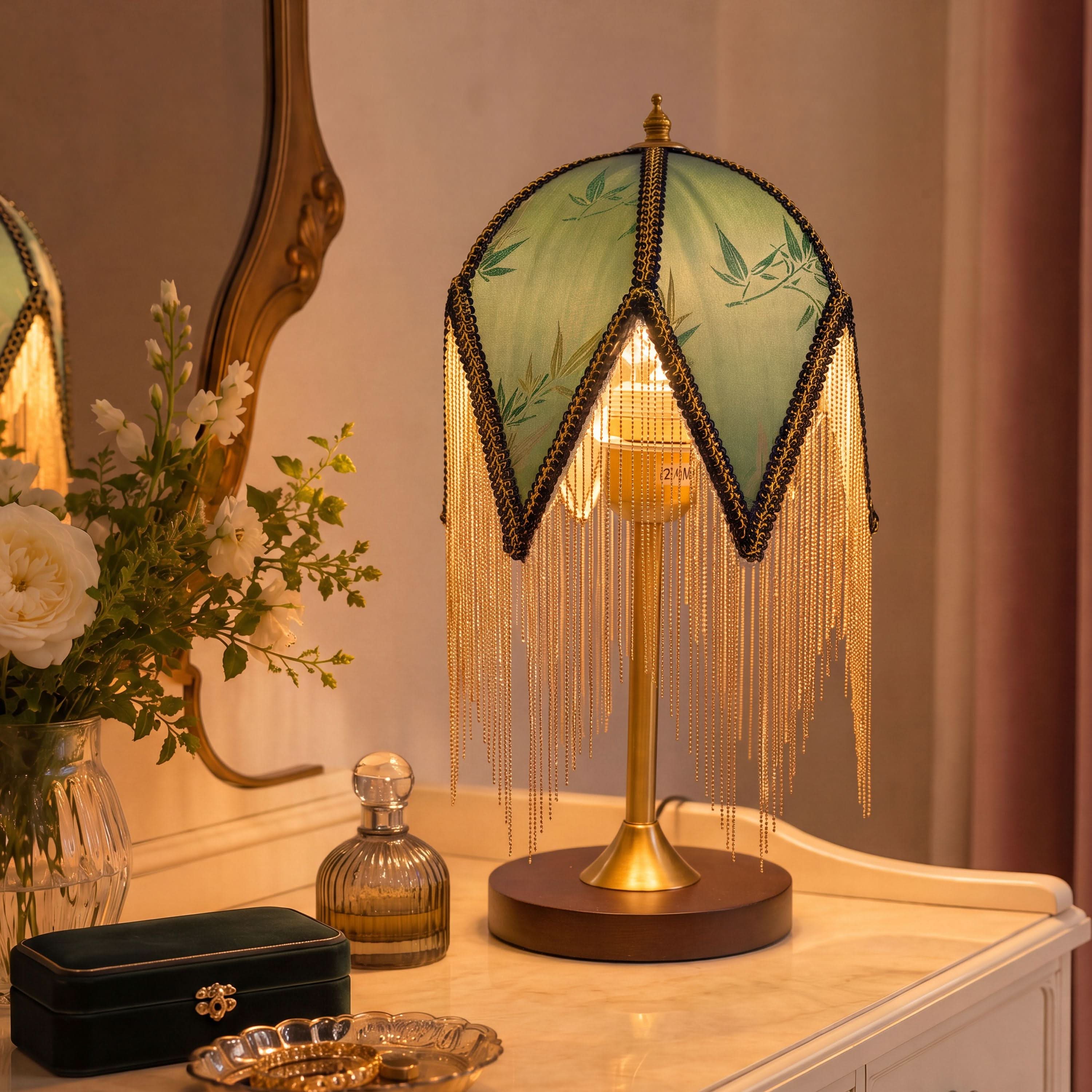 Mid-Century Vintage Tassel Table Lamp | Antique Brass & Fabric Bedside Lamp
