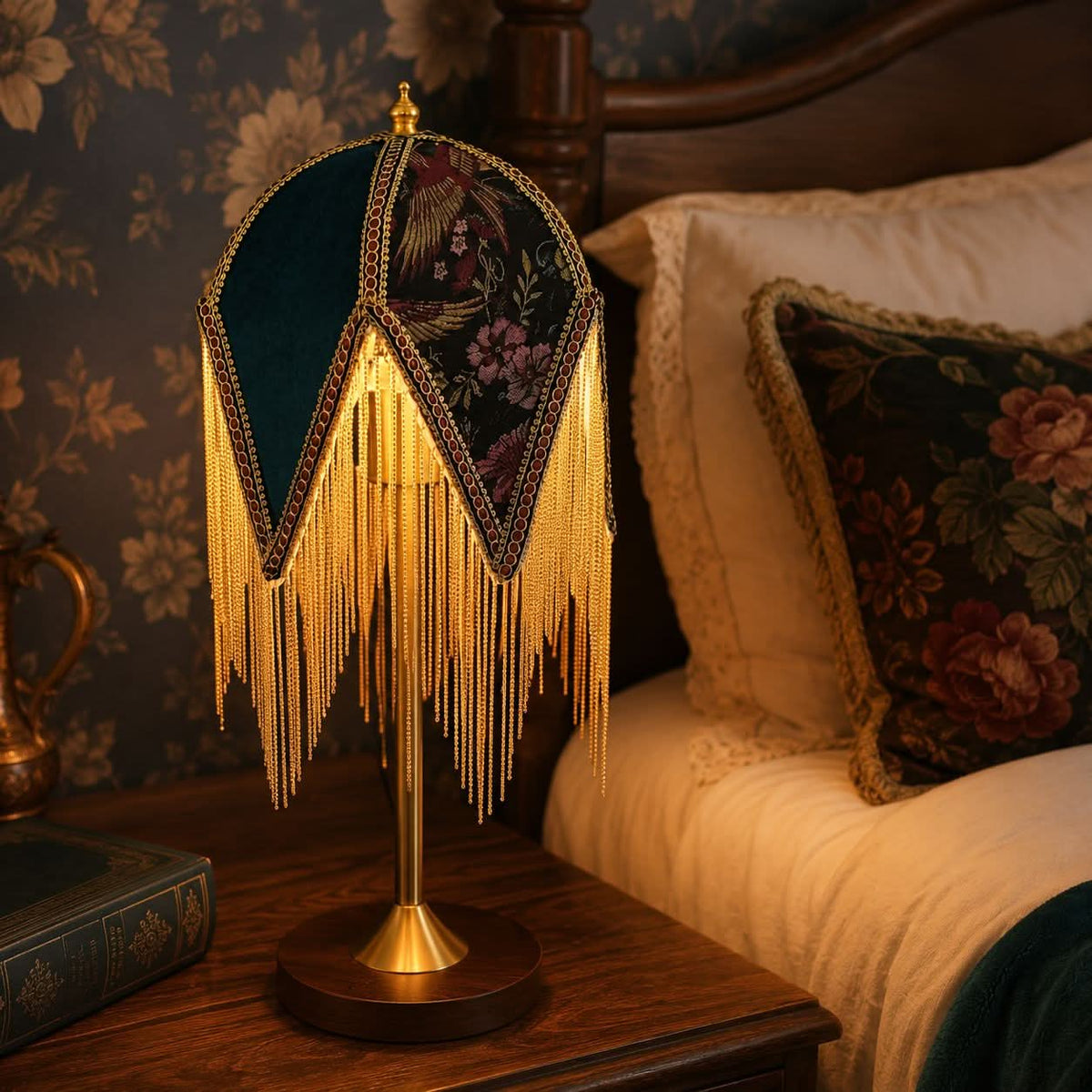 Mid-Century Vintage Tassel Table Lamp | Antique Brass & Fabric Bedside Lamp