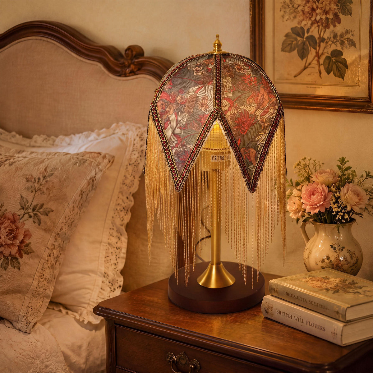 Mid-Century Vintage Tassel Table Lamp | Antique Brass & Fabric Bedside Lamp