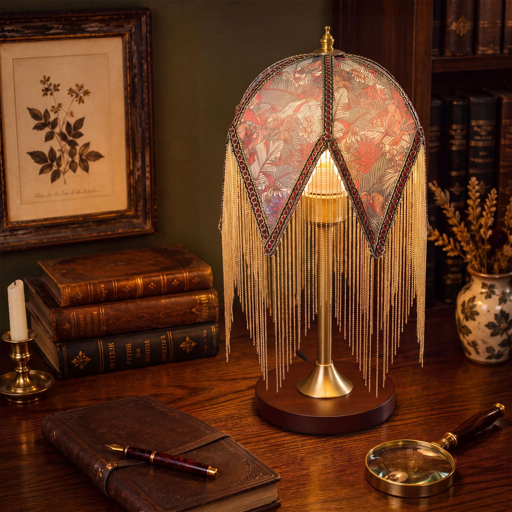 Mid-Century Vintage Tassel Table Lamp | Antique Brass & Fabric Bedside Lamp