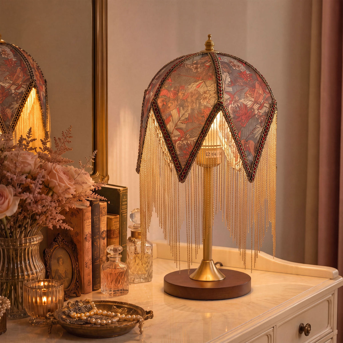 Mid-Century Vintage Tassel Table Lamp | Antique Brass & Fabric Bedside Lamp