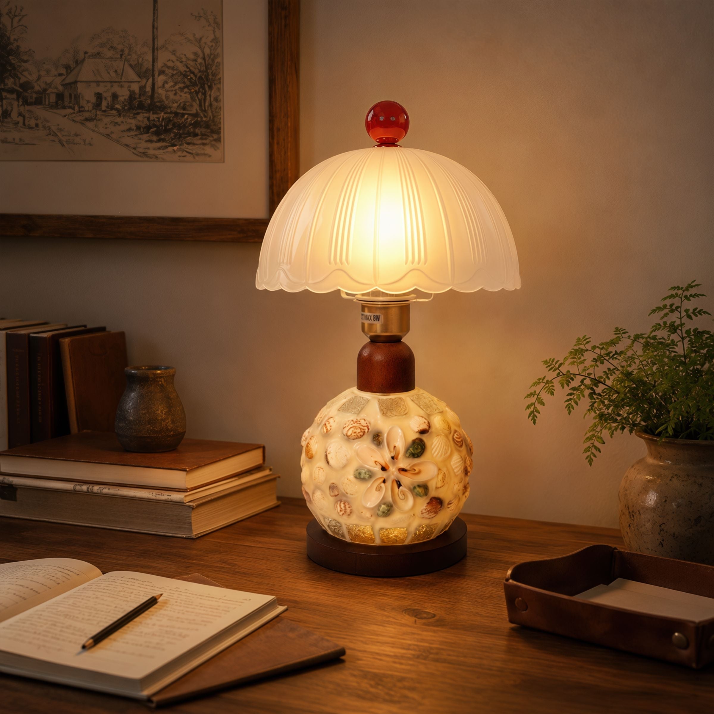 Mosaic Seashell Table Lamp - Coastal Glass & Wood Bedside Light