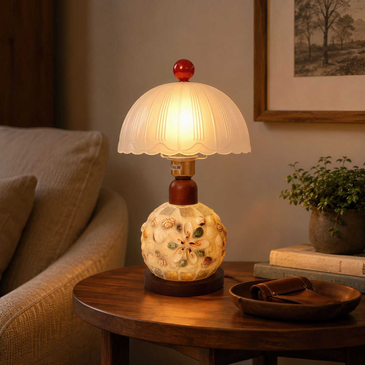 Mosaic Seashell Table Lamp - Coastal Glass & Wood Bedside Light