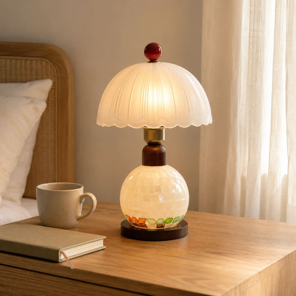 Mosaic Mother-of-Pearl Table Lamp - Coastal Glass & Wood Bedside Light