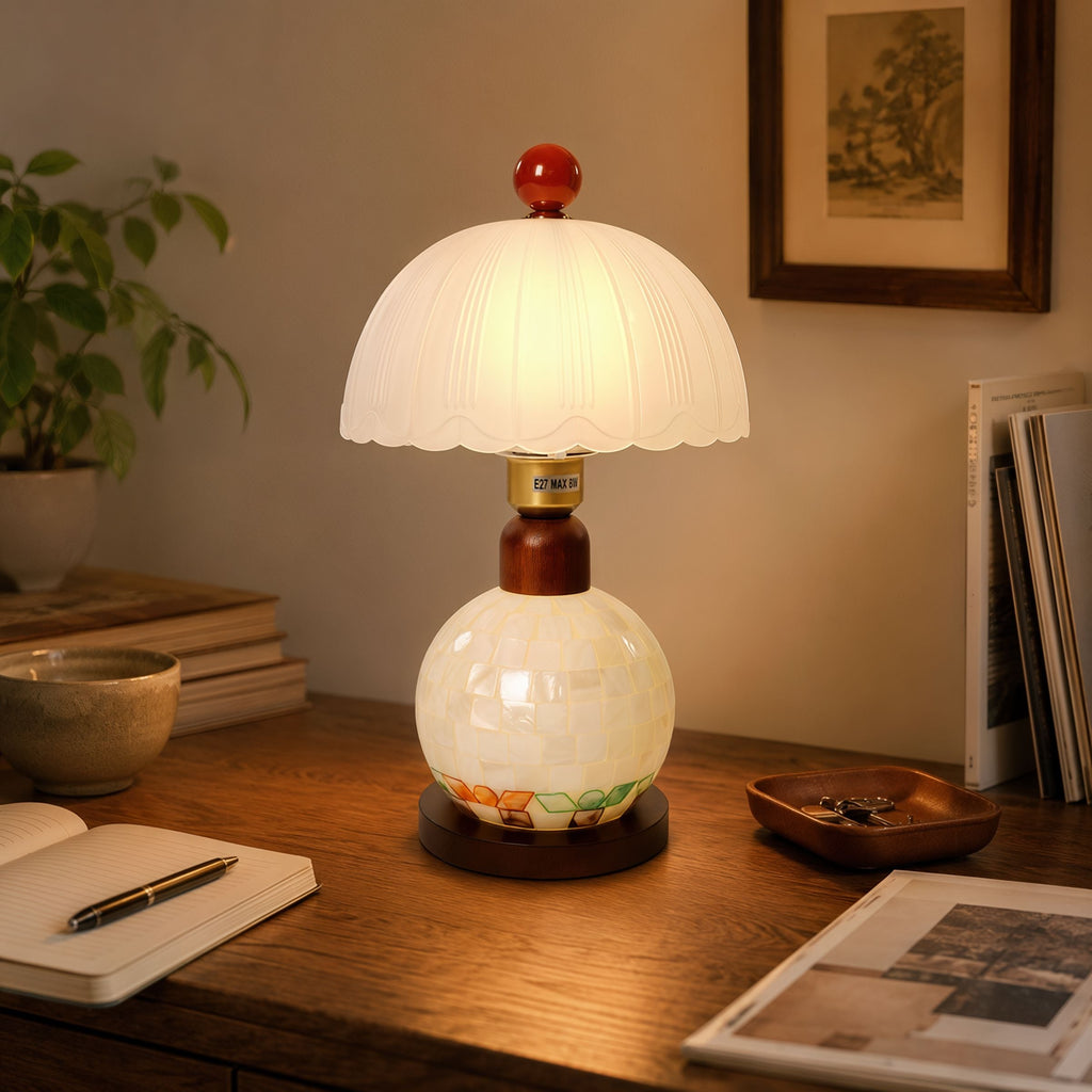 Mosaic Mother-of-Pearl Table Lamp - Coastal Glass & Wood Bedside Light