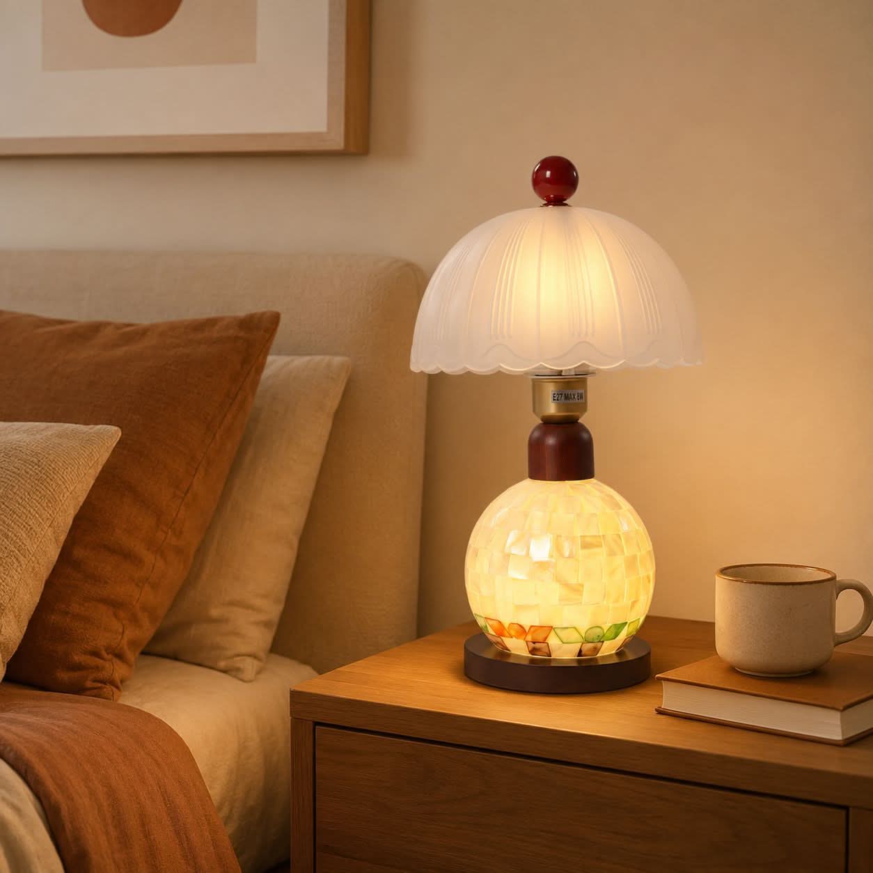 Mosaic Mother-of-Pearl Table Lamp - Coastal Glass & Wood Bedside Light