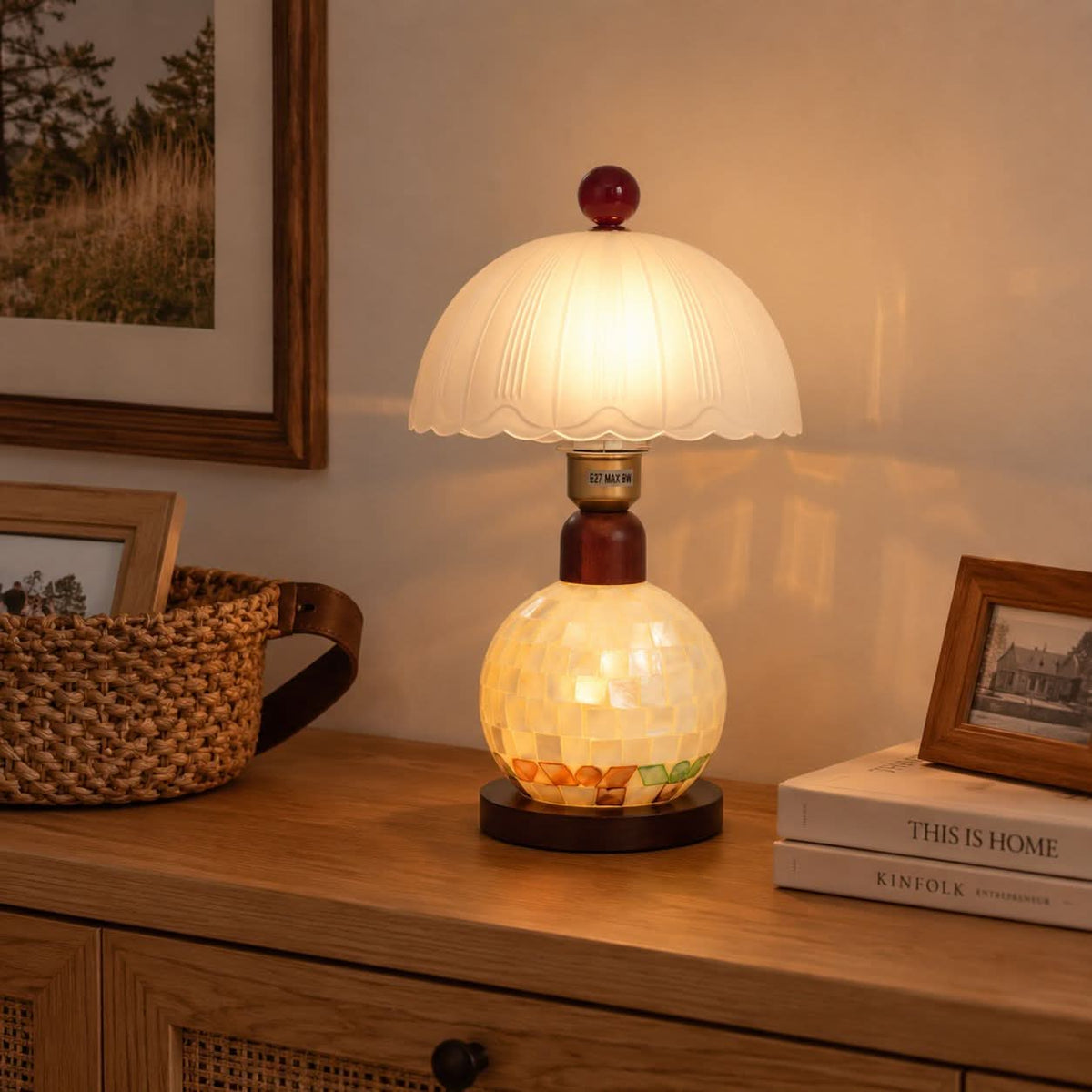 Mosaic Mother-of-Pearl Table Lamp - Coastal Glass & Wood Bedside Light