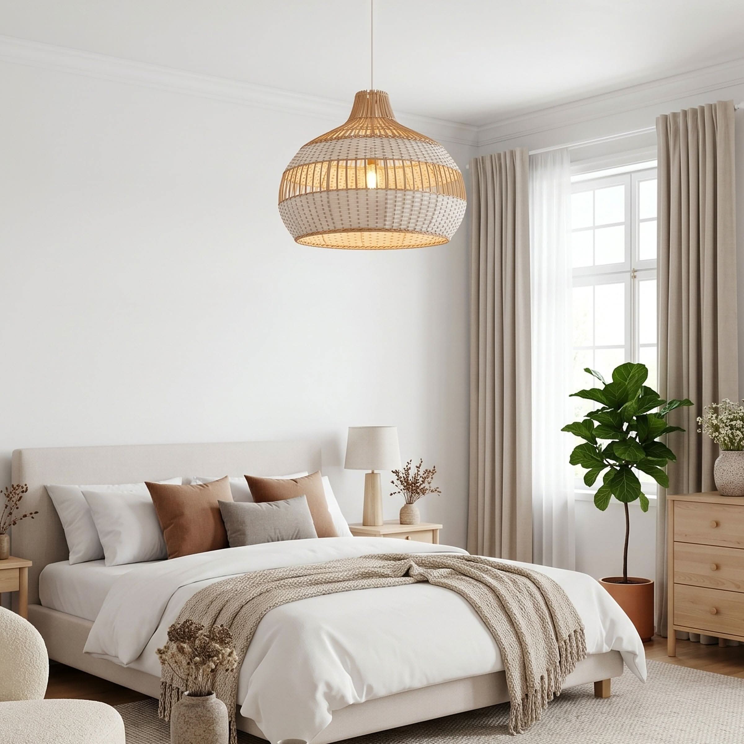 Dewlight-Handwoven Half White Rattan Pendant Light | Kitchen Island Pendant Lamp