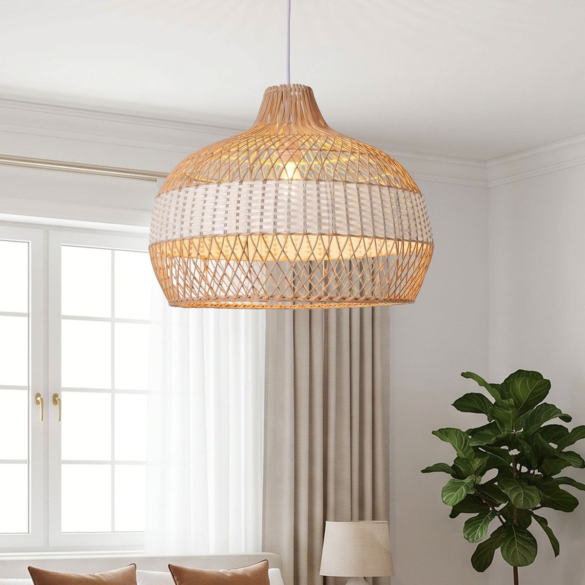 Dewlight-Handwoven Half White Rattan Pendant Light | Kitchen Island Pendant Lamp