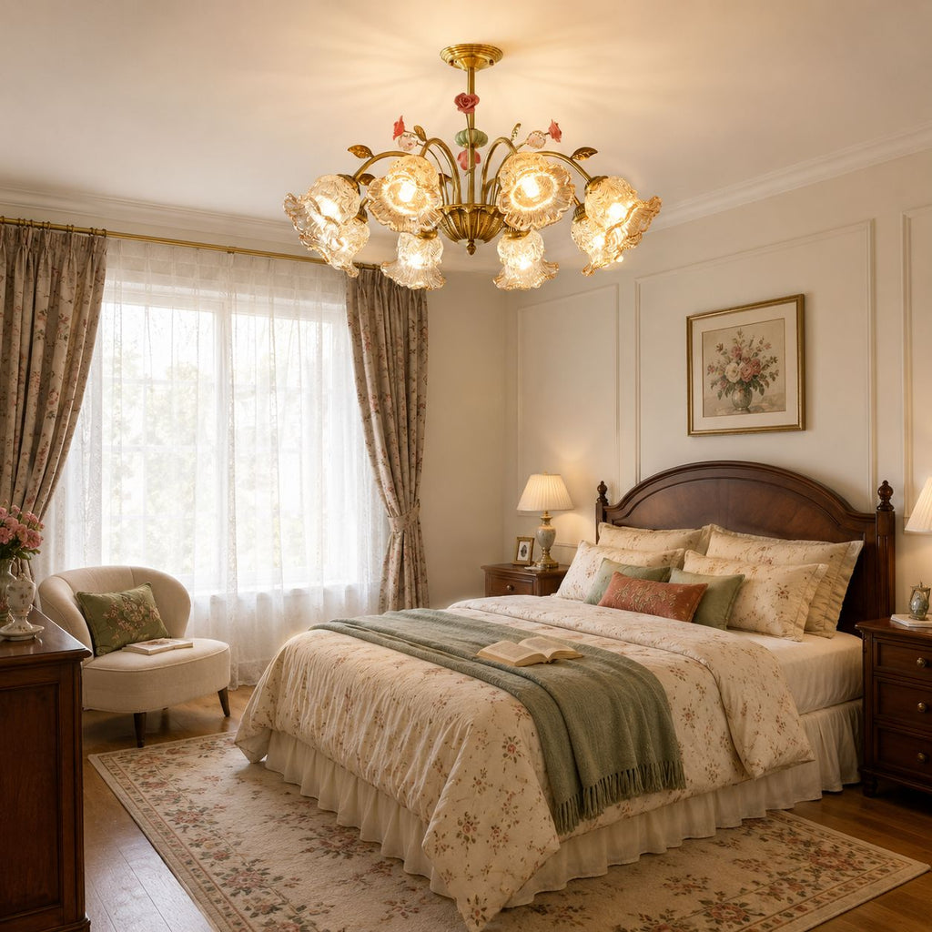 8-Light Gold Vintage Pink Floral Glass Chandelier | E27 Ceiling Lamp