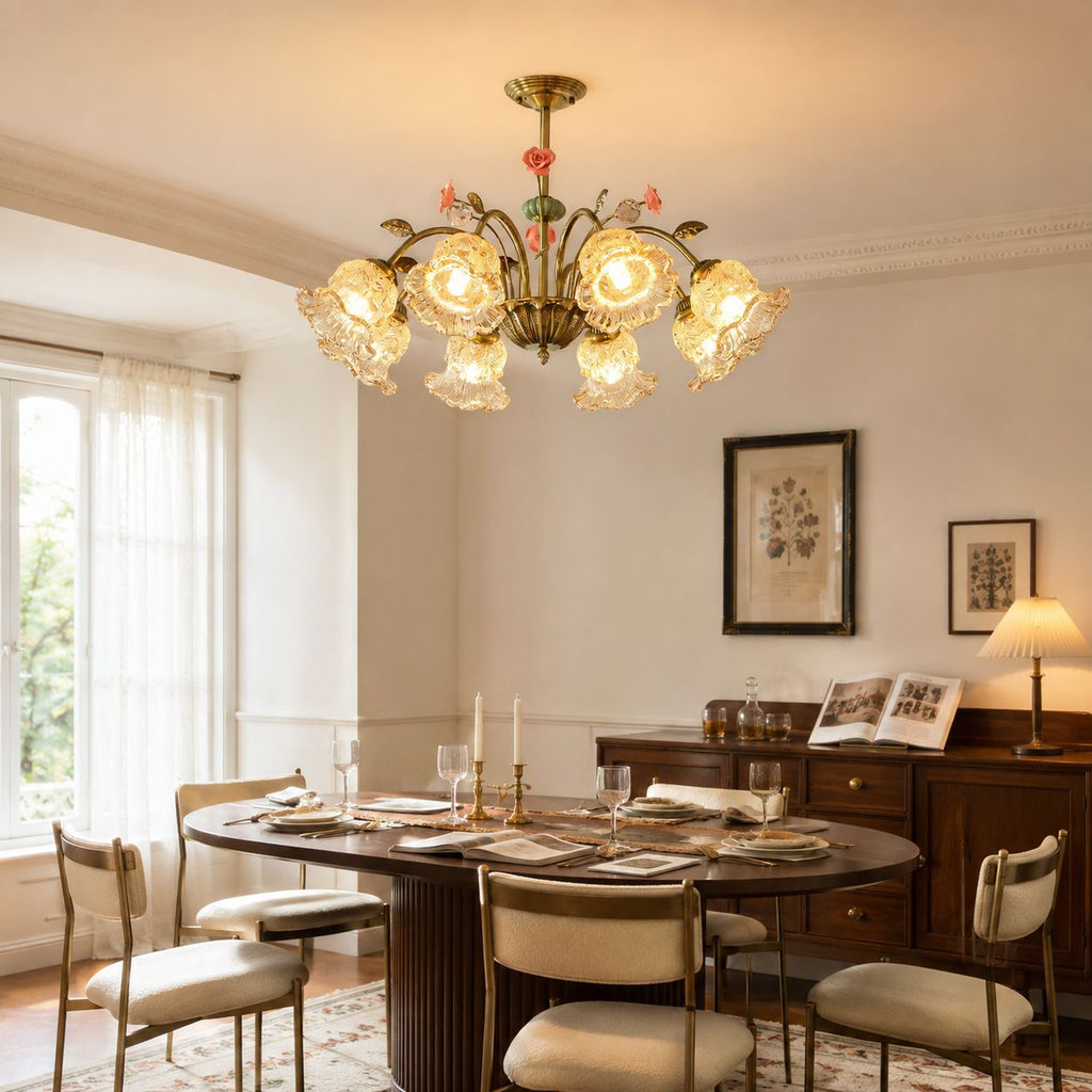 8-Light Gold Vintage Pink Floral Glass Chandelier | E27 Ceiling Lamp