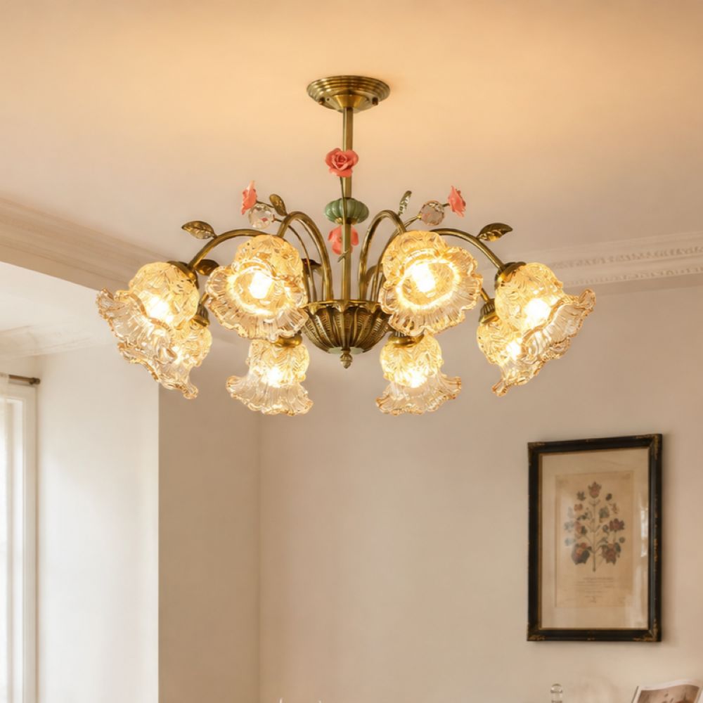 8-Light Gold Vintage Pink Floral Glass Chandelier | E27 Ceiling Lamp