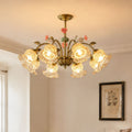 8-Light Gold Vintage Pink Floral Glass Chandelier | E27 Ceiling Lamp