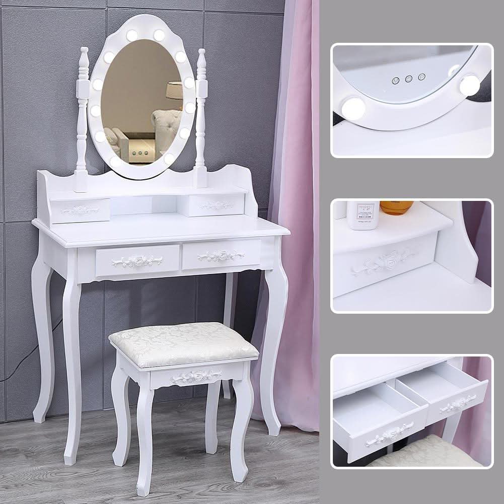 4 Drawers Dressing Table Dressers Bedroom with Bulbs Mirror & Stool Set White