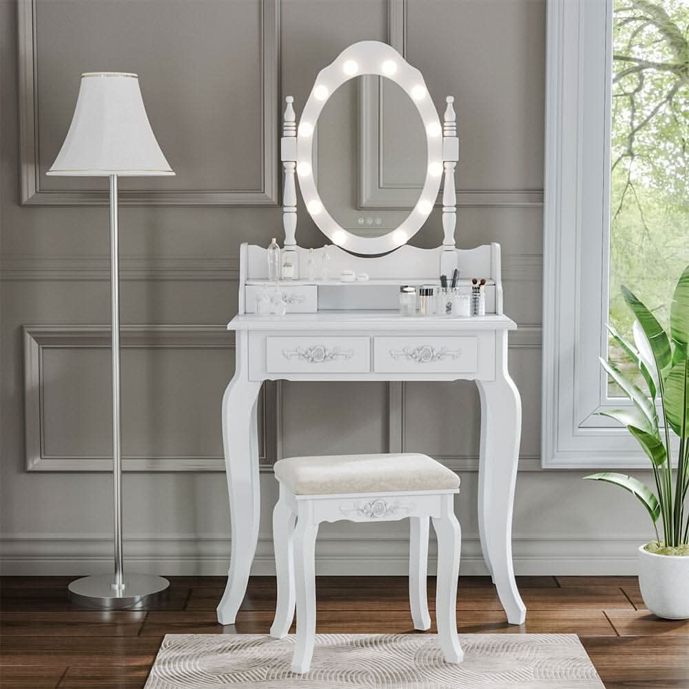 4 Drawers Dressing Table Dressers Bedroom with Bulbs Mirror & Stool Set White