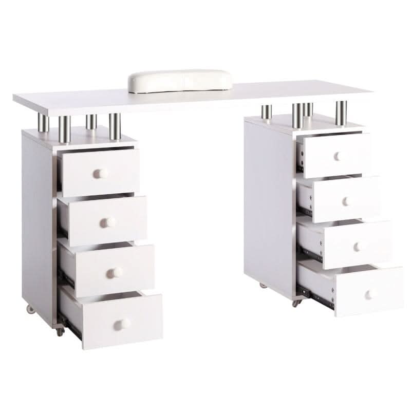 120cm W White Professional Manicure Table on Wheels with 8 Drawer