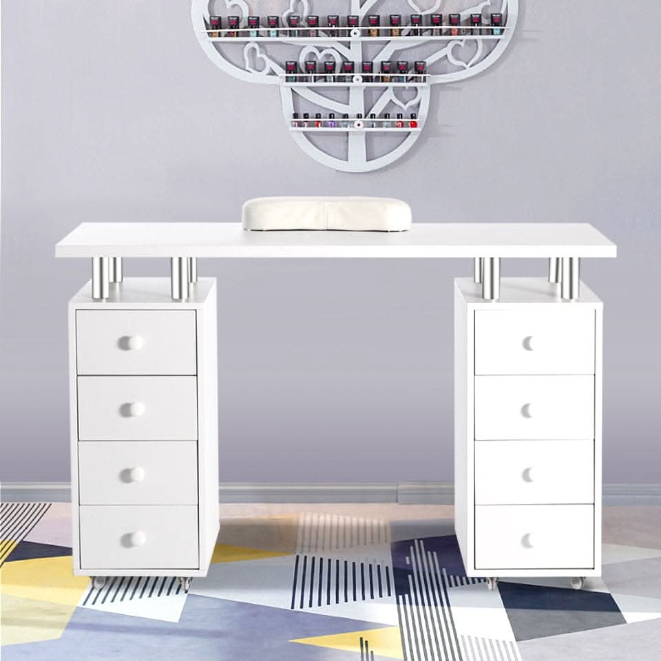 120cm W White Professional Manicure Table on Wheels with 8 Drawer