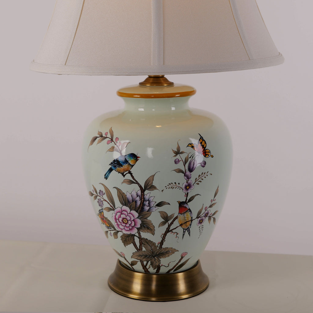 Lightsin Hand-Painted Vintage Ceramic Bird & Floral Table Lamp in Soft Celadon Green