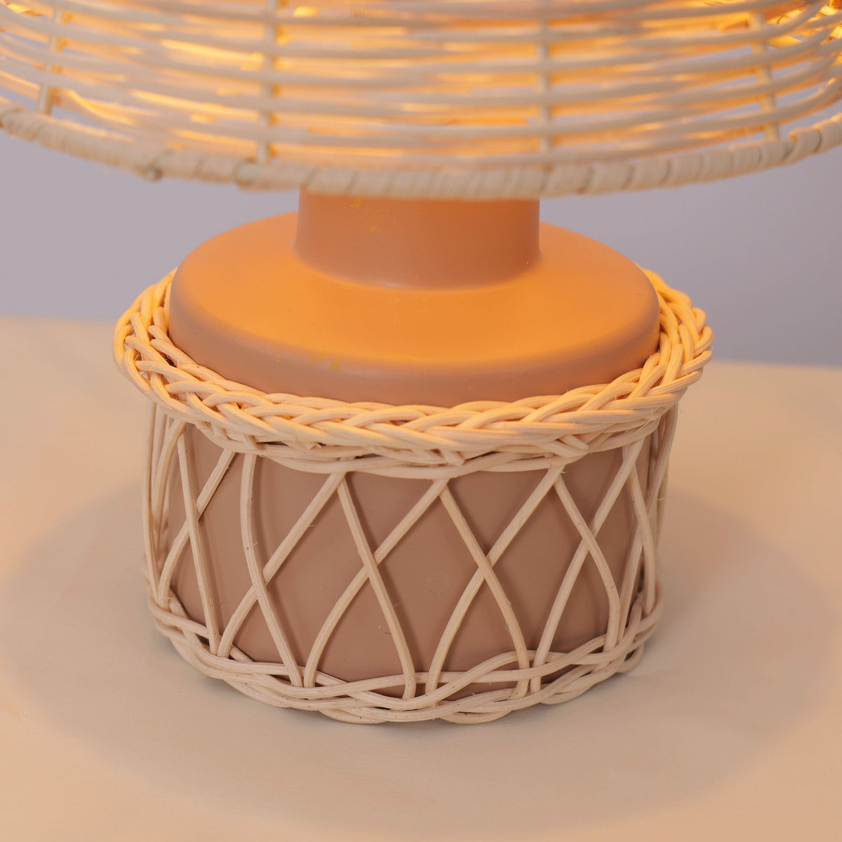 Lightsin Natural Rattan Table Lamp with Pink Wood Base for Bedroom and Living Room