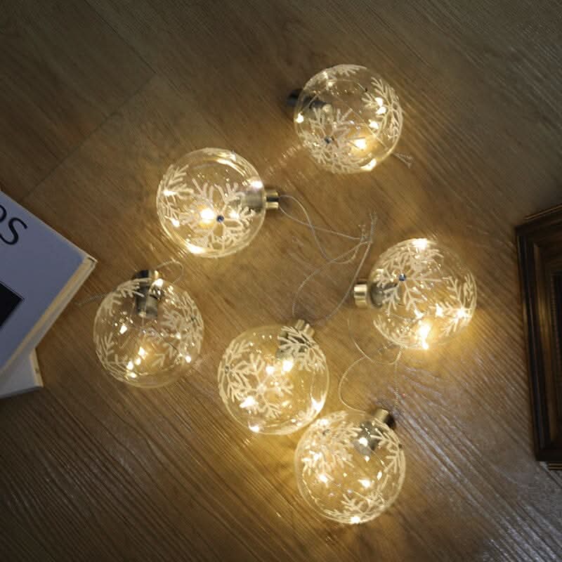 Set of 6 Clear Snowflakes Ball Christmas Glass LED Light Hanging Ornaments