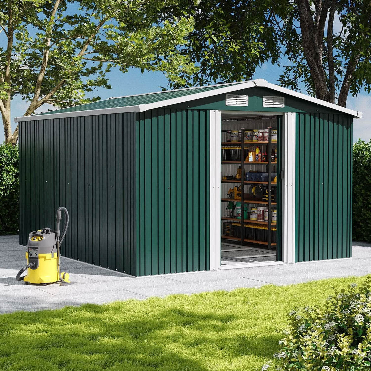 Waterproof 6x8/8x8/10x8/12x10ft Metal Shed with Gable Roof Charcoal Black/Green