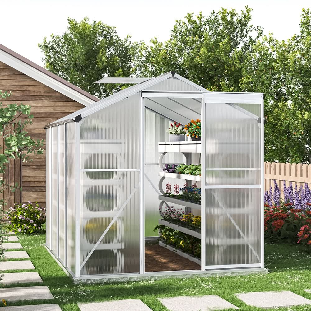 4x6ft/ 6x6ft/ 8x6ft/ 10x6ft Silver Aluminum Framed Greenhouse with Vent