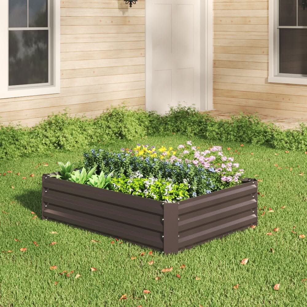 Galvanized Steel Square Raised Garden Bed Planter Box in Brown