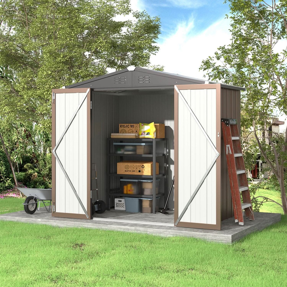 4 x6/ 5 x3 /6 x8 ft Metal Classic Lockable Tool Storage Bike Shed Brown Shed